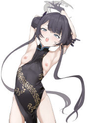 Rule 34 | 1girl, :o, armpits, arms up, bare shoulders, black dress, black gloves, black hair, blue archive, breasts, china dress, chinese clothes, cowboy shot, double bun, dragon print, dress, floating hair, gloves, groin, hair bun, halo, highres, holding own arm, kisaki (blue archive), long hair, looking at viewer, mitsuru (pixiv 34028718), nipples, no panties, open mouth, pelvic curtain, sidelocks, simple background, sleeveless, sleeveless dress, small breasts, solo, stretching, teeth, thighs, twintails, upper teeth only, white background