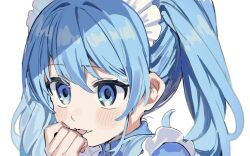 Rule 34 | 1girl, :p, bad id, bad twitter id, blue eyes, blue hair, fang, hair between eyes, hand to own mouth, hand up, highres, inactive account, long hair, maid, maid headdress, original, simple background, smile, solo, tongue, tongue out, twintails, umipi, upper body, white background