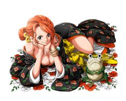 Rule 34 | black kimono, bodskih, bracelet, breasts, brown eyes, cleavage, collarbone, flower, head rest, japanese clothes, jewelry, kimono, large breasts, long hair, looking at viewer, lying, nami (one piece), on side, one piece, one piece treasure cruise, orange flower, orange hair, pipe in mouth, ponytail, smile, smoking pipe, tattoo, transparent background, yellow flower