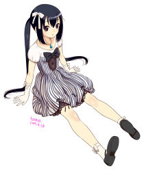 Rule 34 | 00s, 1girl, 2009, arm support, black hair, blush, bow, dress, female focus, flat chest, full body, gloves, hair bow, hamashima shigeo, jewelry, lipstick, long hair, makeup, nama, necklace, pendant, red eyes, shoes, signature, simple background, sitting, socks, solo, striped, twintails, very long hair, white background