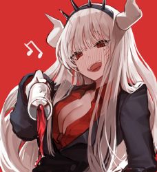 Rule 34 | 1girl, :d, absurdres, alcohol, blush, breasts, cleavage, crown, cup, drinking glass, gloves, helltaker, highres, horns, long hair, looking at viewer, lucifer (helltaker), mole, mole under eye, open mouth, red background, red eyes, school uniform, seorang, simple background, smile, solo, teeth, white gloves, wine, wine glass