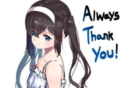 Rule 34 | 1girl, bare shoulders, blue eyes, blush, brown hair, closed mouth, collarbone, commentary, dress, english commentary, english text, hair between eyes, hairband, highres, long hair, original, rangen, sidelocks, simple background, sleeveless, sleeveless dress, smile, solo, thank you, twintails, upper body, white background, white dress, white hairband