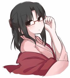 Rule 34 | 1girl, black hair, blush, glasses, kara no kyoukai, looking at viewer, ohitashi netsurou, ryougi shiki, simple background, solo, white background