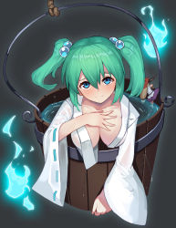 Rule 34 | 2girls, absurdres, blue eyes, blush, breasts, bucket, cleavage, fps, glowing, green hair, hair bobbles, hair ornament, highres, horns, ibuki suika, in bucket, in container, japanese clothes, kisume, large breasts, long sleeves, looking at viewer, mini person, minigirl, multiple girls, smile, touhou, twintails, wet, wet clothes, wide sleeves