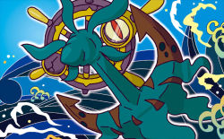 Rule 34 | anchor, blue sky, brown eyes, creature, creatures (company), day, dhelmise, full body, game freak, gen 7 pokemon, looking at viewer, nintendo, no humans, ocean, official art, outdoors, outline, pokemon, pokemon (creature), pokemon tcg, sky, solo, third-party source, umemoto kyouko, water, waves, white outline
