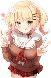 Rule 34 | 1girl, absurdres, blonde hair, blush, breasts, choker, closed mouth, cowboy shot, double v, flower, frilled choker, frills, from above, gradient hair, green eyes, hair flower, hair ornament, hands up, highres, hololive, large breasts, licking lips, long sleeves, looking at viewer, momosuzu nene, momosuzu nene (casual), multicolored hair, neckerchief, pink hair, plaid, rinkaa (lovelive765pro2), school uniform, short twintails, simple background, smile, tongue, tongue out, twintails, v, virtual youtuber, white background