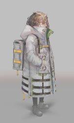 Rule 34 | 1girl, absurdres, arknights, backpack, bag, black pantyhose, blush, boots, brown hair, closed mouth, coat, full body, glasses, grey background, grey coat, grey footwear, hands in pockets, high collar, highres, long sleeves, looking at viewer, medium hair, pantyhose, round eyewear, rsef, silence (arknights), simple background, solo, yellow eyes