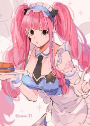 Rule 34 | 1girl, apron, bad id, bad twitter id, black eyes, blunt bangs, commentary, detached collar, drill hair, eyelashes, holding, holding plate, joman, korean commentary, long hair, looking at viewer, maid, maid apron, maid headdress, necktie, one piece, perona, pink background, pink hair, plate, sidelocks, simple background, solo, star (symbol), twintails, white apron