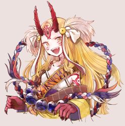 Rule 34 | 1girl, bare shoulders, blonde hair, claws, fate/grand order, fate (series), female focus, horns, ibaraki douji (fate), japanese clothes, kimono, konntatata, long hair, looking at viewer, monster girl, off shoulder, oni, oni horns, open mouth, simple background, solo, tattoo, yellow eyes, yellow kimono