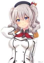 Rule 34 | 10s, 1girl, beret, blue eyes, breasts, epaulettes, gloves, hat, highres, kantai collection, kashima (kancolle), military, military uniform, navy (navy.blue), silver hair, simple background, smile, solo, twintails, twitter username, uniform, wavy hair, white background