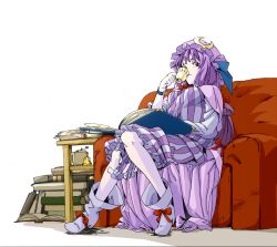 Rule 34 | 1girl, book, book stack, colorized, couch, crescent, cup, dodosuke, dress, end table, female focus, hat, highres, mtmy, pale skin, patchouli knowledge, purple hair, red eyes, red upholstery, saucer, sitting, solo, striped clothes, striped dress, teacup, touhou, vertical stripes, watch, wristwatch