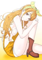 Rule 34 | 1girl, bikini, bikini top only, boots, breasts, brown eyes, commentary, full body, hair ribbon, high heel boots, high heels, highres, hugging own legs, legs, looking at viewer, medium breasts, nami (one piece), ogino jun, one piece, one piece: stampede, orange hair, overalls, own hands together, ribbon, sideboob, sitting, smile, solo, swimsuit, thighs, white background