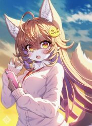 Rule 34 | 1girl, absurdres, ahoge, animal ear fluff, animal ears, blush, body fur, cardigan, cellphone, claws, cloud, cloudy sky, collared shirt, fangs, female focus, fewer digits, furry, furry female, hair between eyes, hair ornament, highres, holding, holding phone, lens flare, long hair, looking at viewer, necktie, open mouth, original, pawpads, phone, playing with own hair, red necktie, shirt, sky, smartphone, solo, sunlight, sunset, tail, tsuji, wolf ears, wolf girl, wolf tail, yellow eyes