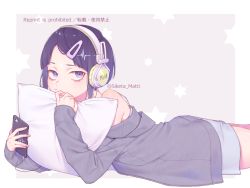 Rule 34 | blue eyes, blue hair, boku no hero academia, cellphone, commentary request, grey hoodie, hair ornament, hairclip, headphones, holding, holding phone, hood, hoodie, jirou kyouka, long sleeves, lying, mizuki mau, hugging object, off shoulder, on stomach, phone, pillow, pillow hug, pout, short hair, smartphone, solo, twitter username