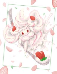 Rule 34 | alcremie, alcremie (strawberry sweet), closed mouth, cream, creatures (company), food, framed, fruit, game freak, gen 8 pokemon, highres, holding, holding spoon, leaf, looking at viewer, nashimochi 4, nintendo, no humans, pokemon, pokemon (creature), red eyes, solo, spoon, strawberry, strawberry slice