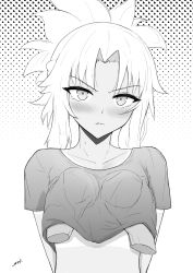 Rule 34 | absurdres, breasts squeezed together, breasts, fate/grand order, fate (series), greyscale, highres, isetnation, looking at viewer, monochrome, mordred (fate), mordred (fate/apocrypha), tan, tanline