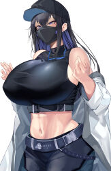 Rule 34 | 1girl, absurdres, baseball cap, belt, black belt, black hair, black hat, black mask, black pants, black shirt, blue archive, blue eyes, breasts, buckle, chest harness, coat, crop top, harness, hat, highres, huge breasts, long hair, mask, midriff, mouth mask, namazu (yamasonson), navel, pants, saori (blue archive), shirt, sleeveless, sleeveless shirt, snap-fit buckle, solo, underbust, white background, white coat