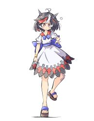 Rule 34 | ahoge, anger vein, arm at side, arrow print, back bow, blue bow, blue bowtie, bow, bowtie, breasts, cleavage, cone horns, dress, full body, grey dress, grey hair, grey horns, highres, horns, kijin seija, large bow, leg up, looking at viewer, multicolored clothes, multicolored dress, multicolored hair, orange dress, orange eyes, orange hair, orange sailor collar, platform footwear, pointing, pointing at viewer, primsla, puffy short sleeves, puffy sleeves, raised eyebrow, sailor collar, sailor dress, short sleeves, simple background, small breasts, standing, standing on one leg, streaked hair, touhou, white background, white dress, white hair, wristband