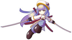 Rule 34 | 1girl, alternate costume, blue hair, boots, call (mighty no. 9), call i, dual wielding, hat, holding, katana, long hair, mighty no. 9, multicolored hair, pants, pontata, purple hair, scabbard, sheath, solo, sword, tsurime, two-tone hair, weapon, white background, yellow eyes