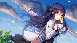 Rule 34 | 1girl, bad id, bad pixiv id, bag, black bow, black hair, black skirt, blue sky, blush, bow, brown eyes, cloud, day, dutch angle, hair bow, half updo, hand up, handbag, highres, long hair, looking at viewer, official art, oninaart, outdoors, power lines, shirt, skirt, sky, solo, standing, striped clothes, striped shirt, tree