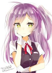 Rule 34 | 1girl, ahoge, asymmetrical hair, black vest, blouse, blush, breasts, gloves, hagikaze (kancolle), highres, hizaka, kantai collection, long hair, neck ribbon, one-hour drawing challenge, purple hair, red ribbon, ribbon, shirt, short sleeves, side ponytail, simple background, solo, twitter username, vest, white background, white gloves, white shirt, yellow eyes