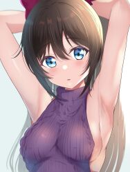 Rule 34 | 1girl, armpits, arms behind head, arms up, backless dress, backless outfit, bare back, bare shoulders, blue eyes, blush, borgbutler, bow, breasts, brown hair, dress, highres, large breasts, long hair, looking at viewer, love live!, love live! nijigasaki high school idol club, meme attire, osaka shizuku, red bow, sideboob, simple background, solo, sweater, sweater dress, turtleneck, turtleneck sweater, virgin killer sweater