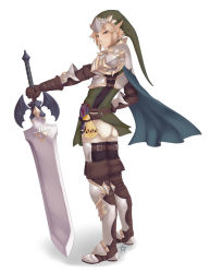 Rule 34 | 1boy, armor, ass, blonde hair, blue eyes, boots, brown footwear, brown gloves, cape, earrings, full body, gloves, hand on own hip, hat, jewelry, link, male focus, master sword, melisa amaro, nintendo, pointy ears, pouch, shin guards, shoulder armor, solo, the legend of zelda, triforce, watermark