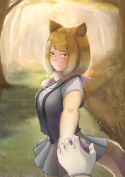 Rule 34 | animal ears, blonde hair, brown hair, buttons, closed mouth, cowboy shot, dhole (kemono friends), dog ears, dress shirt, elbow gloves, forest, fox ears, fox girl, fox tail, fur scarf, gloves, grass, hand on own chest, hand up, highres, holding hands, john (a2556349), kemono friends, looking at viewer, medium hair, miniskirt, multicolored hair, nature, necktie, open clothes, open vest, outdoors, outstretched arm, peeking out, pendulum, pleated skirt, pov, pov hands, reaching, reaching towards viewer, scarf, shirt, short sleeves, skirt, smile, solo focus, tail, tibetan fox (kemono friends), tree, tsurime, two-tone hair, vest, yellow eyes