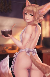 Rule 34 | 1girl, animal ear fluff, animal ears, apron, ass, bare arms, bare back, bare shoulders, blurry, blurry background, bowl, breasts, cleft of venus, commentary, contemporary, ear piercing, english commentary, from behind, hair over shoulder, highres, holding, holding bowl, indoors, khiara (personal ami), light brown hair, looking at viewer, looking back, medium hair, naked apron, nipples, orange eyes, original, personal ami, piercing, pussy, small breasts, smile, solo, tail, uncensored