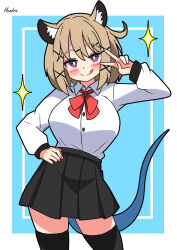 Rule 34 | 1girl, :q, absurdres, animal ear fluff, animal ears, arknights, arm up, black outline, black skirt, black thighhighs, blue background, blue tail, blush, border, bow, bowtie, breasts, bright pupils, brown hair, buttons, closed mouth, collared shirt, commentary request, contrapposto, cowboy shot, dress shirt, hair ornament, hairclip, hand on own hip, hendra, highres, large breasts, long sleeves, looking at viewer, medium hair, outline, outside border, pleated skirt, purple eyes, red bow, red bowtie, school uniform, shirt, shirt tucked in, simple background, skirt, smile, solo, sparkle, split mouth, standing, tail, thighhighs, tongue, tongue out, utage (arknights), v, white border, white pupils, white shirt, x hair ornament