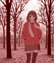 Rule 34 | 1girl, ahoge, bad drawr id, bad id, bare tree, black thighhighs, brown hair, brown skirt, character request, closed mouth, coat, copyright request, dated, francine (daijaemon), hands in pockets, looking at viewer, oekaki, outdoors, pleated skirt, red coat, red theme, scarf, short hair, skirt, sky, smile, solo, standing, thighhighs, translation request, tree, zettai ryouiki