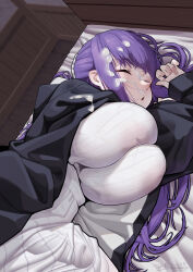 Rule 34 | 1girl, black coat, breasts, bulge, closed eyes, coat, cum, cum on clothes, cum on hair, dress, erection, erection under clothes, facial, fern (sousou no frieren), highres, huge breasts, long hair, long sleeves, lying, manzai sugar, on bed, on side, open clothes, open coat, purple hair, sleeping, solo, sousou no frieren, white dress