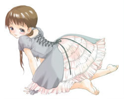 Rule 34 | all fours, barefoot, blue eyes, blush, brown hair, child, copyright request, corset, dress, feet, frills, inuburo, long hair, solo