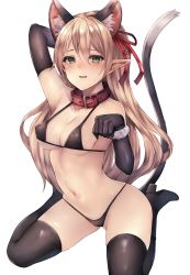 Rule 34 | 1girl, animal ear fluff, animal ears, arched back, arisa (shadowverse), arm behind head, bad id, bad pixiv id, bikini, black bikini, black footwear, black gloves, black thighhighs, blush, boots, breasts, cat ears, cat tail, cleavage, collar, collarbone, commentary request, covered erect nipples, curvy, elbow gloves, fake animal ears, fake tail, gloves, hair ribbon, hairband, highleg, highleg bikini, highres, knee boots, looking at viewer, medium breasts, navel, paw pose, pointy ears, red ribbon, ribbon, shadowverse, simple background, sitting, skindentation, snm (sunimi), solo, stomach, sweatdrop, swimsuit, tail, thighhighs, wariza, white background