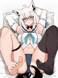 Rule 34 | 1girl, ahoge, animal ear fluff, animal ears, arms up, barefoot, bed sheet, blue eyes, blue neckerchief, blue panties, blush, braid, breasts, cameltoe, cleft of venus, closed mouth, detached sleeves, ear piercing, female pubic hair, fox ears, fox tail, glasses, highres, hololive, large breasts, looking at viewer, lying, nail polish, navel, neckerchief, no shoes, on back, on bed, panties, panty focus, piercing, pillow, pubic hair, pubic hair peek, shirakami fubuki, shirakami fubuki (1st costume), shirt, single braid, single thighhigh, smile, solo, tail, thighhighs, toenail polish, toenails, underwear, varniskarnis, virtual youtuber, white hair, white shirt