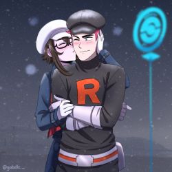 Rule 34 | 1boy, 1girl, bad source, blush, commentary, commission, creatures (company), crossed arms, english commentary, female protagonist (pokemon go), gabdlc, game freak, glasses, gloves, hat, highres, nintendo, pokemon, pokemon go, pokestop, team rocket, team rocket grunt, team rocket uniform, white gloves