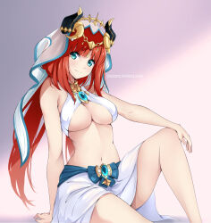 Rule 34 | 1girl, aqua eyes, blue eyes, blue gemstone, blush, breasts, brooch, commentary, detached sleeves, english commentary, fake horns, gem, genshin impact, gold choker, gs (onsen syndicate), hair ornament, harem outfit, highres, horns, jewelry, large breasts, long hair, looking at viewer, navel, neck ring, nilou (genshin impact), red hair, simple background, sitting, smile, solo, underboob, veil, very long hair, white headdress, white veil