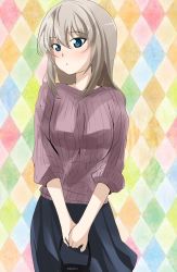 Rule 34 | 1girl, abimaru gup, argyle, argyle background, argyle clothes, bag, black skirt, blue eyes, blush, casual, closed mouth, commentary, cowboy shot, girls und panzer, grey sweater, handbag, highres, holding, itsumi erika, light frown, long sleeves, looking at viewer, medium hair, medium skirt, multicolored background, own hands together, ribbed sweater, silver hair, skirt, solo, standing, sweater, v arms