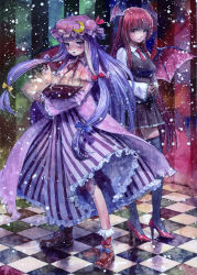 Rule 34 | 2girls, bat wings, black thighhighs, book, checkered floor, crescent, embodiment of scarlet devil, female focus, floor, hat, head wings, high heels, highres, koakuma, long hair, misawa hiroshi, multiple girls, patchouli knowledge, purple eyes, purple hair, red eyes, red hair, shoes, striped, striped background, thighhighs, touhou, traditional media, wings