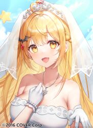 Rule 34 | 1girl, :d, ahoge, bare shoulders, bat hair ornament, blonde hair, bracelet, braid, breasts, bridal veil, cleavage, commentary, company name, dress, french braid, gloves, hair ornament, highres, hololive, jewelry, large breasts, long hair, looking at viewer, misyune, necklace, official art, open mouth, pearl bracelet, smile, upper body, veil, virtual youtuber, wedding dress, white dress, white gloves, yellow eyes, yozora mel