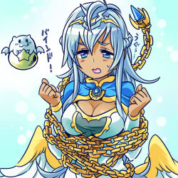 Rule 34 | 1girl, andromeda (p&amp;d), blue eyes, blue hair, blush, blush stickers, breasts, brooch, chain, cleavage, dark skin, dress, highres, ishiyumi, jewelry, low wings, open mouth, puzzle &amp; dragons, restrained, solo focus, sweatdrop, tamadra, taut clothes, taut dress, tiara, wings