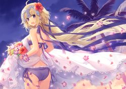 Rule 34 | 1girl, :d, ahoge, ass, bikini, blonde hair, blue eyes, bouquet, braid, breasts, cloud, cloudy sky, cowboy shot, evening, fate/apocrypha, fate/grand order, fate (series), flower, from behind, hair flower, hair ornament, hair ribbon, head tilt, headpiece, hibiscus, holding, holding bouquet, jeanne d&#039;arc (fate), jeanne d&#039;arc (ruler) (fate), lace trim, long hair, looking at viewer, looking back, medium breasts, neck ribbon, open mouth, outdoors, palm tree, petals, ponytail, purple bikini, purple eyes, purple ribbon, ribbon, shawl, side-tie bikini bottom, sky, smile, solo, swimsuit, teeth, tree, very long hair, wind, yashiro seika