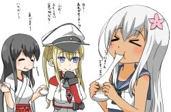 Rule 34 | &gt; &lt;, 10s, 3girls, :3, akagi (kancolle), b-man, black hair, blonde hair, blue eyes, crop top, eating, closed eyes, flower, food, graf zeppelin (kancolle), hair flower, hair ornament, hat, japanese clothes, kantai collection, long hair, military, military uniform, mochi, multiple girls, one-piece tan, peaked cap, ro-500 (kancolle), sailor collar, school swimsuit, silver hair, swimsuit, swimsuit under clothes, tan, tanline, translation request, twintails, uniform, wagashi