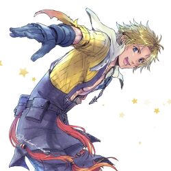 Rule 34 | 1boy, black gloves, black overalls, blonde hair, blue eyes, chain, chain necklace, earrings, final fantasy, final fantasy x, gloves, highres, jacket, jewelry, male focus, necklace, open clothes, open jacket, open mouth, overalls, short hair, smile, star (symbol), sweater, teeth, tidus, twitter username, warori anne, white background, yellow jacket