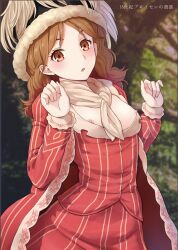 Rule 34 | 1girl, absurdres, aristocratic clothes, arm up, arms up, blush, breasts, brown eyes, brown hair, dress, european clothes, forest, frilled jacket, frills, fur hat, fur trim, hands up, hat, hat feather, highres, jacket, kanden sky, medium breasts, nature, neckerchief, nipple slip, nipples, open clothes, open jacket, open mouth, original, outdoors, red jacket, red skirt, red vest, skirt, small nipples, traditional clothes, tree, vest