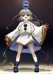 Rule 34 | 1girl, black footwear, blue eyes, blue hat, blue skirt, boots, full body, grey hair, hat, highres, japanese clothes, kariginu, long hair, long sleeves, mononobe no futo, open mouth, pom pom (clothes), ponytail, ribbon-trimmed sleeves, ribbon trim, skirt, smile, solo, standing, suna (s73d), tate eboshi, touhou, wide sleeves