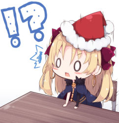Rule 34 | !?, 0 0, 1girl, ^^^, arm support, beni shake, blonde hair, blue cape, blue dress, blush stickers, bow, cape, chair, chibi, commentary request, dress, ereshkigal (fate), fate/grand order, fate (series), fur-trimmed cape, fur-trimmed headwear, fur trim, hair between eyes, hair bow, hat, long hair, long sleeves, lowres, purple bow, red hat, santa hat, single sleeve, skull, solo, table, tohsaka rin, two side up, v-shaped eyebrows, white background