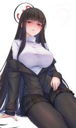 Rule 34 | 1girl, arm support, black hair, black pantyhose, black suit, blue archive, blunt bangs, blush, breasts, doodle sensei (blue archive), formal, hair ornament, hairclip, halo, highres, large breasts, long hair, looking at viewer, off shoulder, pantyhose, parted lips, red eyes, revision, ribbed sweater, rio (blue archive), sensei (blue archive), sitting, solo focus, suit, sweater, turtleneck, turtleneck sweater, v-shaped eyebrows, very long hair, waa! okami, white background, white sweater