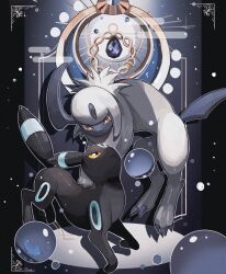 Rule 34 | absol, alternate color, animal focus, black background, black fur, bubble, claws, creatures (company), crescent, forehead jewel, game freak, gem, gen 2 pokemon, gen 3 pokemon, gradient background, highres, horns, mane, nintendo, no humans, pillarboxed, pokemon, pokemon (creature), red eyes, reo (mmocc123), shiny pokemon, single horn, sun, tail, umbreon, white fur, yellow eyes