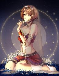 Rule 34 | 1girl, absurdres, armlet, bra, breasts, brown hair, cleavage, collarbone, flower, full body, hair ornament, harem outfit, highres, looking at viewer, medium breasts, meiko (vocaloid), miniskirt, nail polish, outdoors, red bra, red eyes, red nails, red skirt, rose, short hair, sitting, skirt, sky, solo, star (sky), starry sky, strapless, strapless bra, swept bangs, transparent, underwear, veil, vocaloid, wariza, white flower, white rose, wrist cuffs, yen-mi